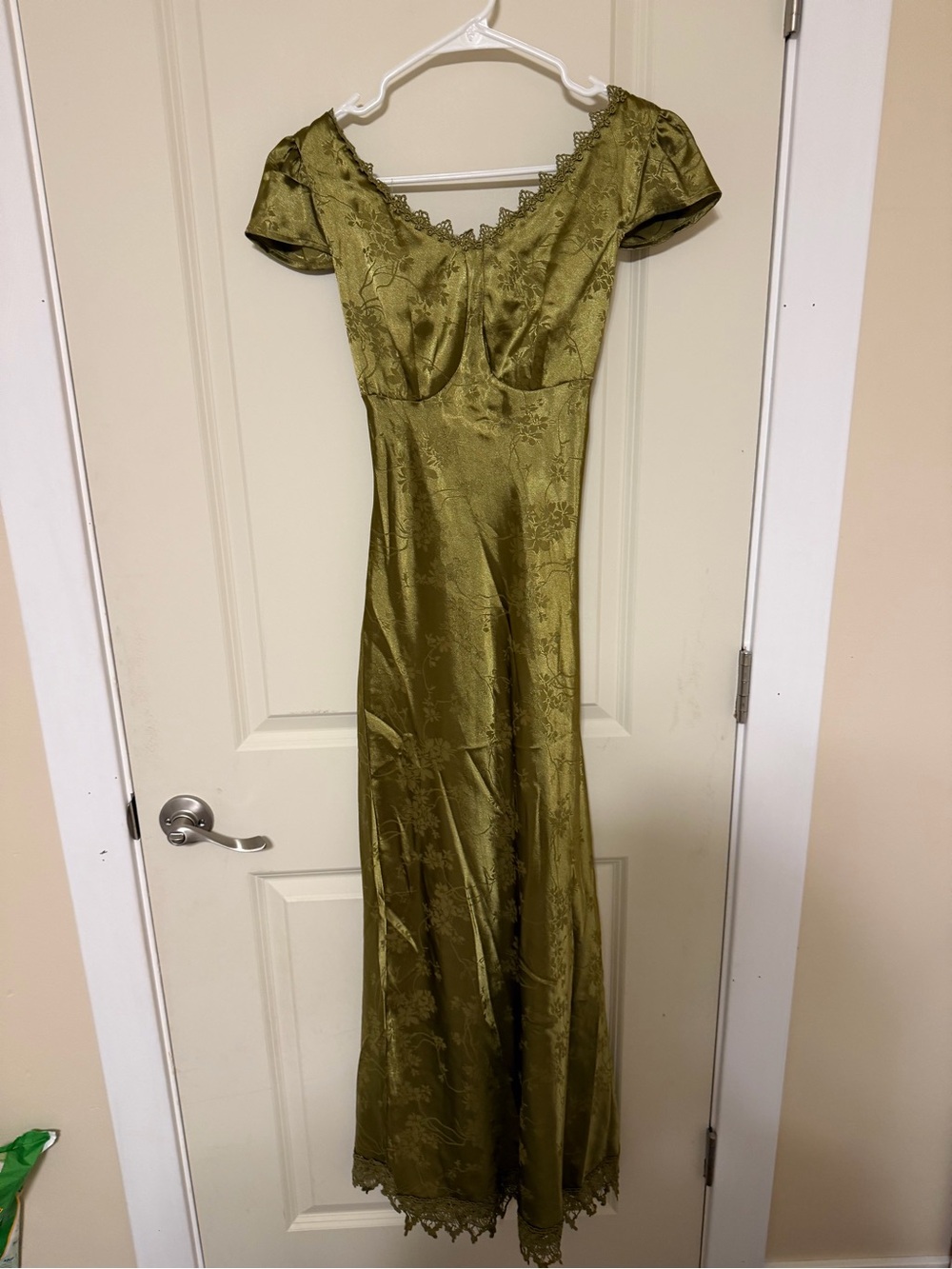 Olive Green Satin Lace-Trim Maxi Dress with Cap Sleeves